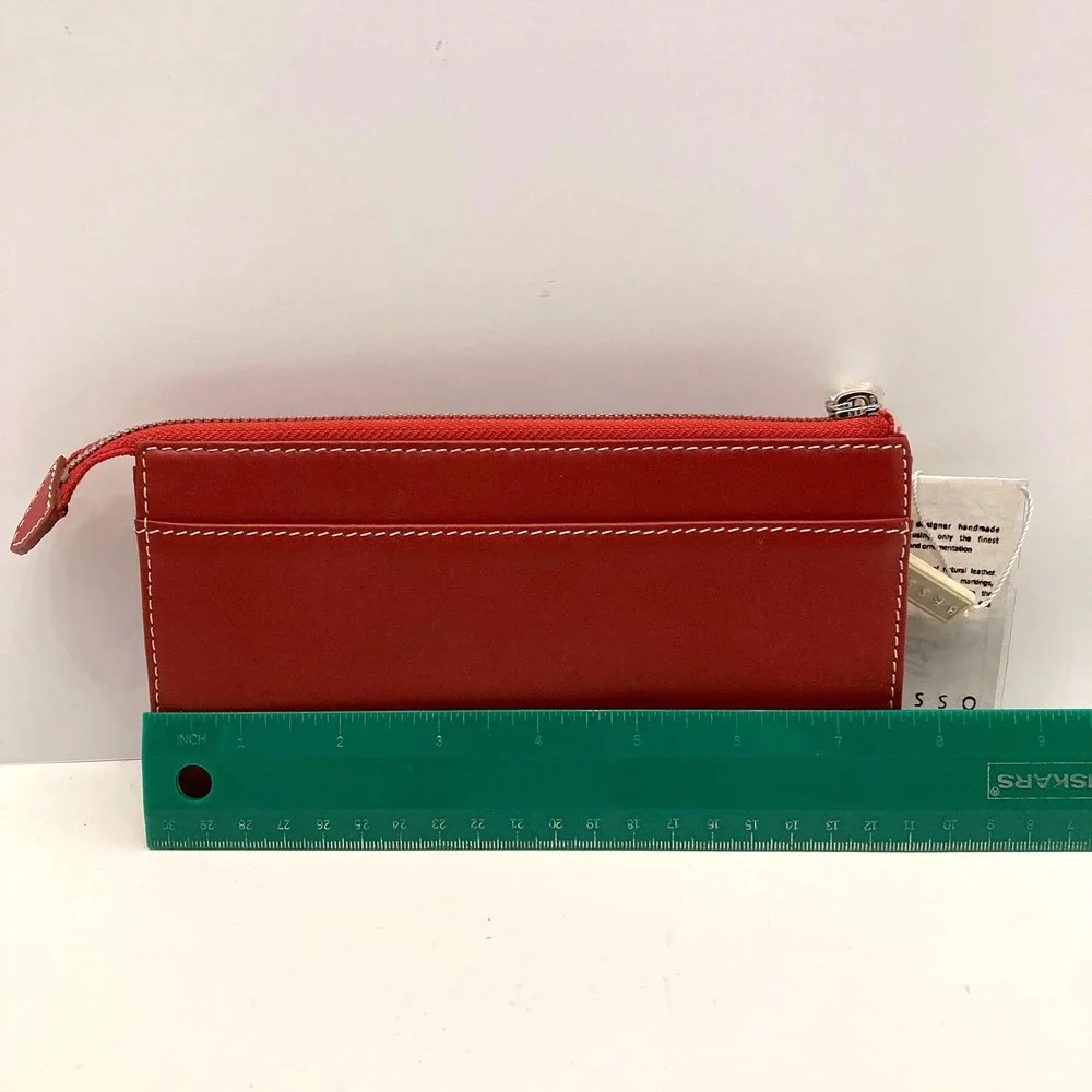 NWT Besso Red‎ Leather Wallet Double Clasp Pockets Zip Top Contrast Stitching